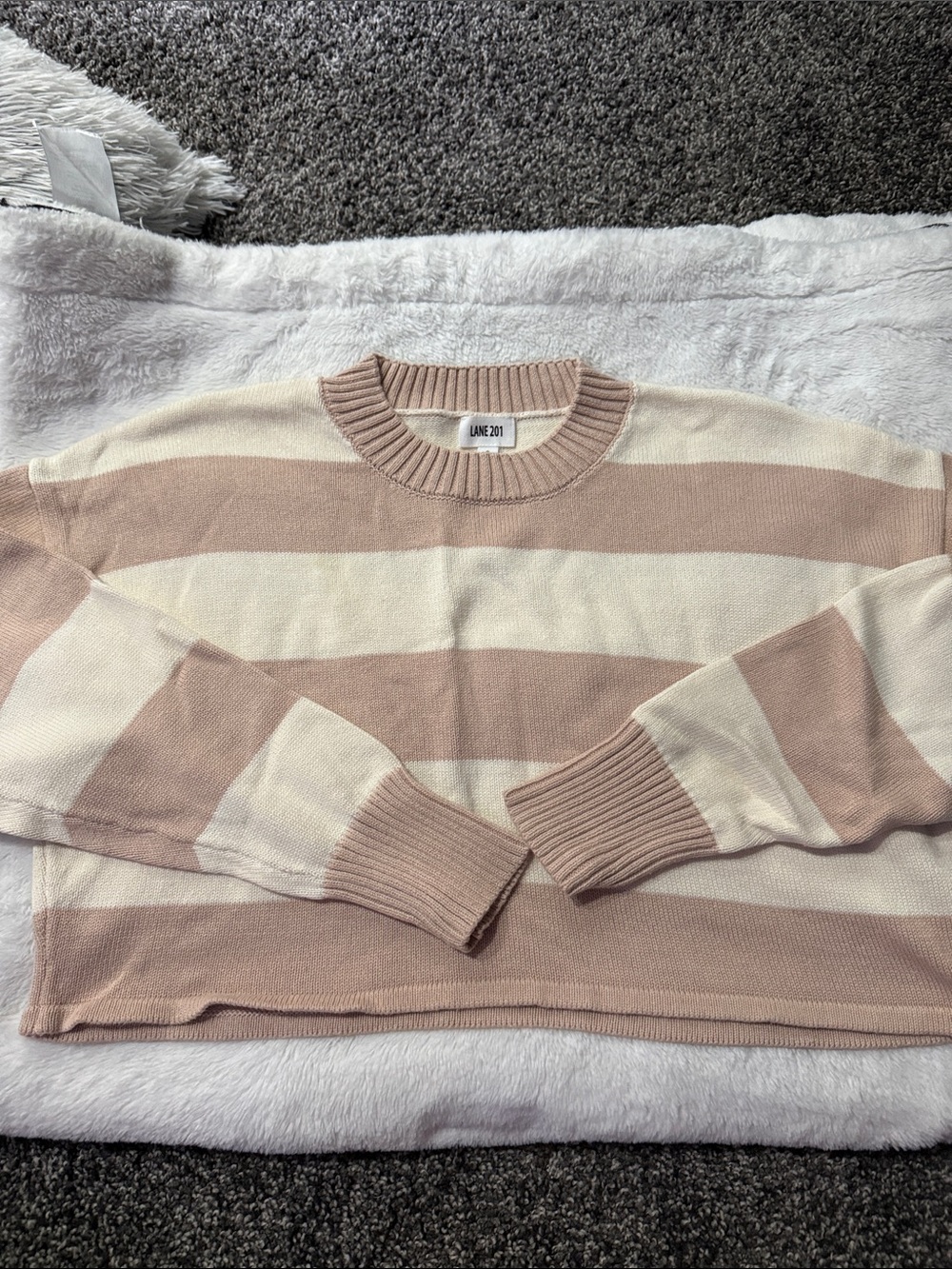 Lane 201 Striped Cropped Crewneck Sweater in Tan & Cream